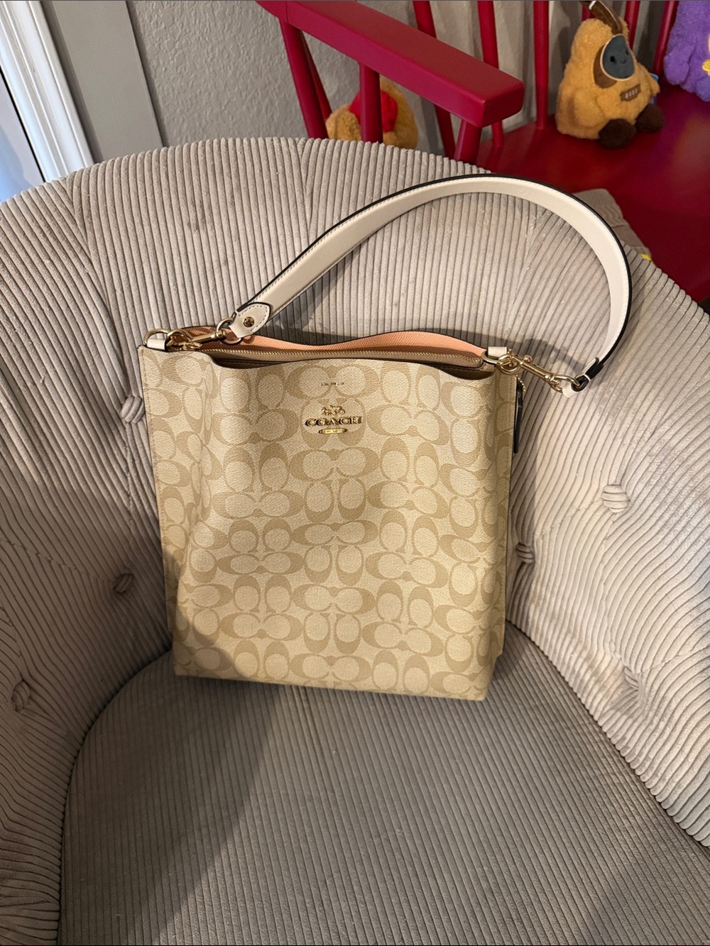 Coach Beige Signature Canvas Shoulder Bag with White Strap